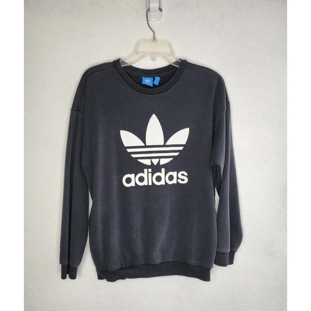 Adidas Spellout Logo Trefoil Black Crewneck Sweatshirt Pockets Mens Size S